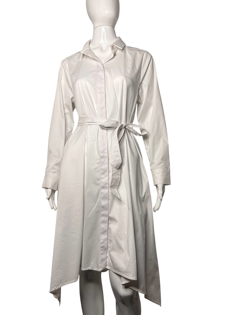 NWT MarlaWynne Drama White Cotton Poplin Handkerchief Hem Belted Shirt Dress M
